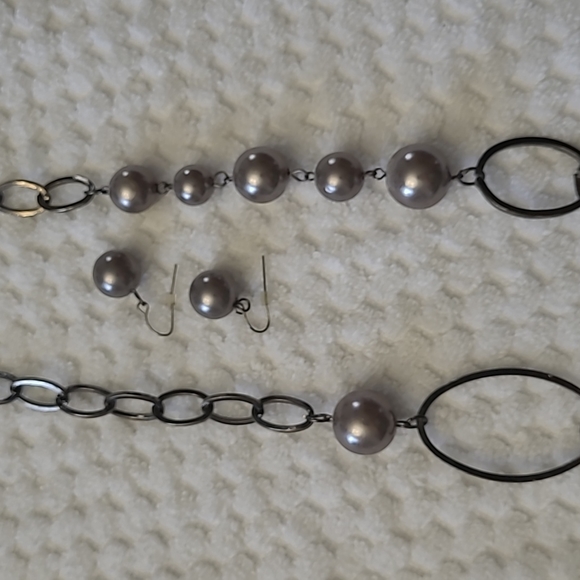 Large link pewter and gray 20 inch necklace and earrings - Picture 3 of 4